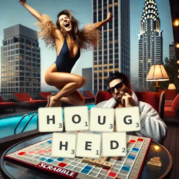 Creative illustration for a Scrabble game with the word HOUGHED spelled out in tiles on the board.