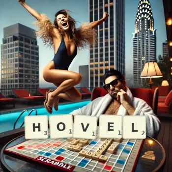 Creative illustration for a Scrabble game with the word HOVEL spelled out in tiles on the board.