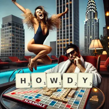 Creative illustration for a Scrabble game with the word HOWDY spelled out in tiles on the board.