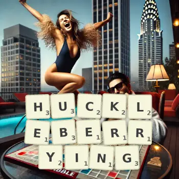 Creative illustration for a Scrabble game with the word HUCKLEBERRYING spelled out in tiles on the board.
