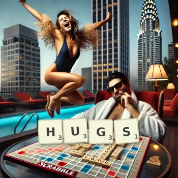 Creative illustration for a Scrabble game with the word HUGS spelled out in tiles on the board.