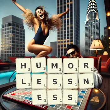 Creative illustration for a Scrabble game with the word HUMORLESSNESS spelled out in tiles on the board.