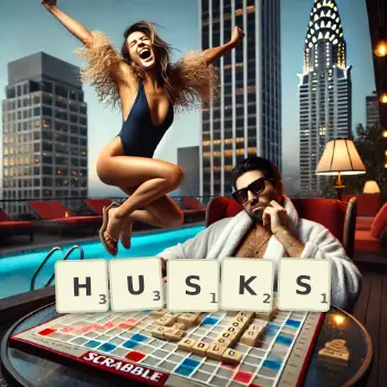 Creative illustration for a Scrabble game with the word HUSKS spelled out in tiles on the board.