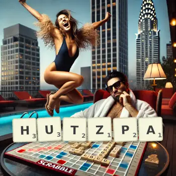 Creative illustration for a Scrabble game with the word HUTZPA spelled out in tiles on the board.