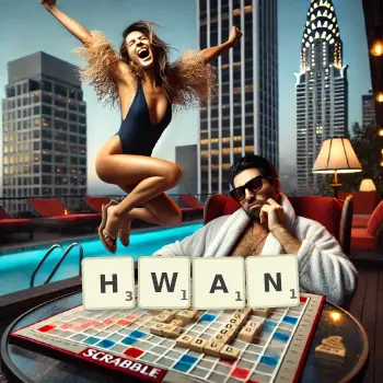 Creative illustration for a Scrabble game with the word HWAN spelled out in tiles on the board.