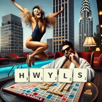 Creative illustration for a Scrabble game with the word HWYLS spelled out in tiles on the board.