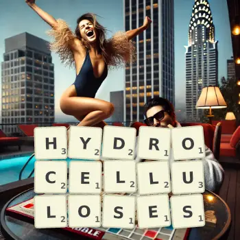 Creative illustration for a Scrabble game with the word HYDROCELLULOSES spelled out in tiles on the board.