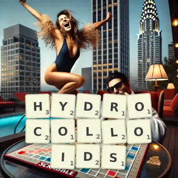 Creative illustration for a Scrabble game with the word HYDROCOLLOIDS spelled out in tiles on the board.