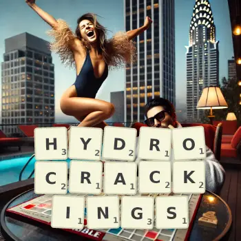 Creative illustration for a Scrabble game with the word HYDROCRACKINGS spelled out in tiles on the board.