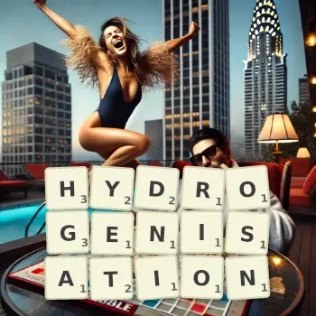 Creative illustration for a Scrabble game with the word HYDROGENISATION spelled out in tiles on the board.