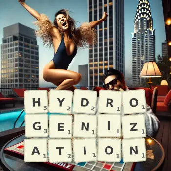 Creative illustration for a Scrabble game with the word HYDROGENIZATION spelled out in tiles on the board.