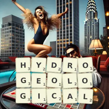 Creative illustration for a Scrabble game with the word HYDROGEOLOGICAL spelled out in tiles on the board.