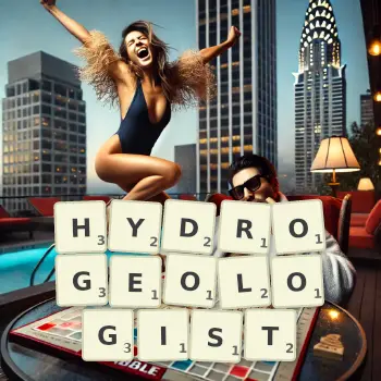 Creative illustration for a Scrabble game with the word HYDROGEOLOGIST spelled out in tiles on the board.