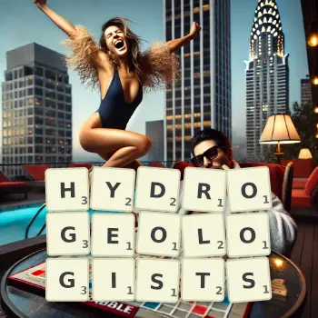 Creative illustration for a Scrabble game with the word HYDROGEOLOGISTS spelled out in tiles on the board.