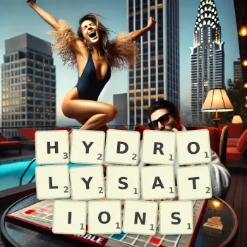 Creative illustration for a Scrabble game with the word HYDROLYSATIONS spelled out in tiles on the board.