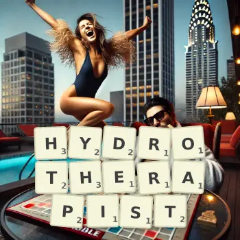 Creative illustration for a Scrabble game with the word HYDROTHERAPIST spelled out in tiles on the board.