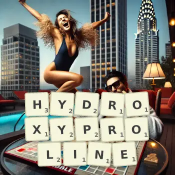 Creative illustration for a Scrabble game with the word HYDROXYPROLINE spelled out in tiles on the board.
