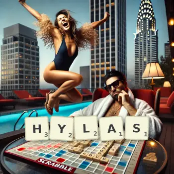 Creative illustration for a Scrabble game with the word HYLAS spelled out in tiles on the board.