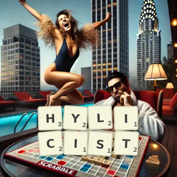 Creative illustration for a Scrabble game with the word HYLICIST spelled out in tiles on the board.