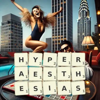 Creative illustration for a Scrabble game with the word HYPERAESTHESIAS spelled out in tiles on the board.