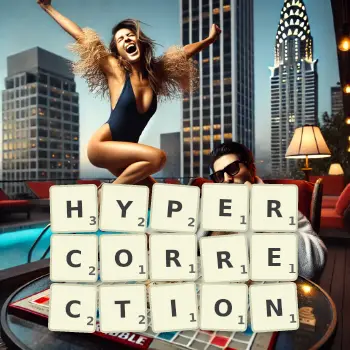 Creative illustration for a Scrabble game with the word HYPERCORRECTION spelled out in tiles on the board.