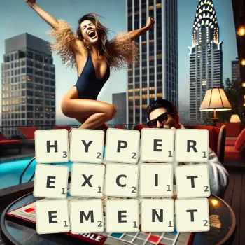 Creative illustration for a Scrabble game with the word HYPEREXCITEMENT spelled out in tiles on the board.
