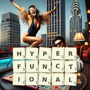 Creative illustration for a Scrabble game with the word HYPERFUNCTIONAL spelled out in tiles on the board.
