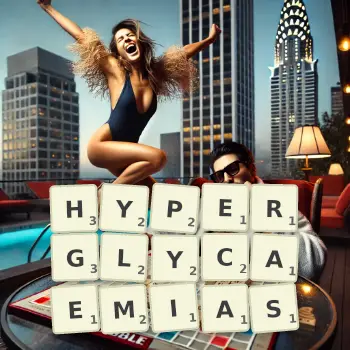 Creative illustration for a Scrabble game with the word HYPERGLYCAEMIAS spelled out in tiles on the board.