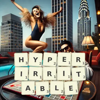 Creative illustration for a Scrabble game with the word HYPERIRRITABLE spelled out in tiles on the board.