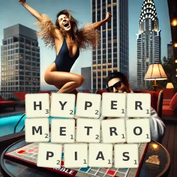 Creative illustration for a Scrabble game with the word HYPERMETROPIAS spelled out in tiles on the board.