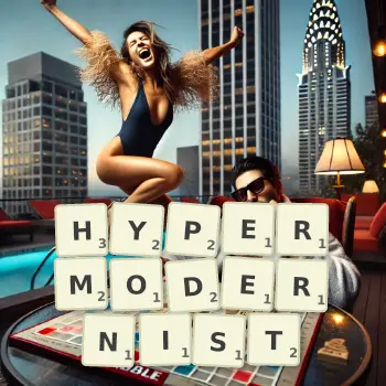 Creative illustration for a Scrabble game with the word HYPERMODERNIST spelled out in tiles on the board.