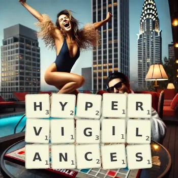 Creative illustration for a Scrabble game with the word HYPERVIGILANCES spelled out in tiles on the board.