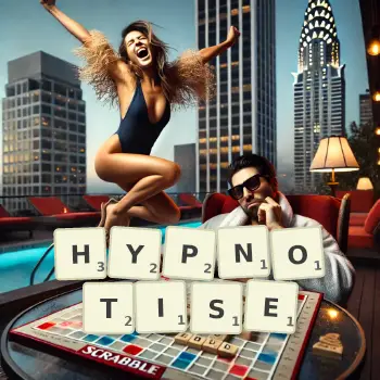 Creative illustration for a Scrabble game with the word HYPNOTISE spelled out in tiles on the board.