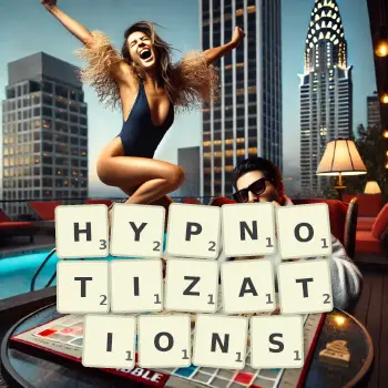 Creative illustration for a Scrabble game with the word HYPNOTIZATIONS spelled out in tiles on the board.