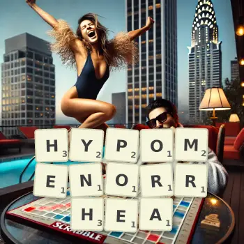 Creative illustration for a Scrabble game with the word HYPOMENORRHEA spelled out in tiles on the board.