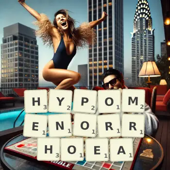 Creative illustration for a Scrabble game with the word HYPOMENORRHOEA spelled out in tiles on the board.