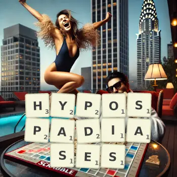 Creative illustration for a Scrabble game with the word HYPOSPADIASES spelled out in tiles on the board.