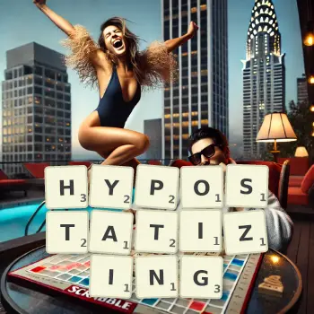 Creative illustration for a Scrabble game with the word HYPOSTATIZING spelled out in tiles on the board.