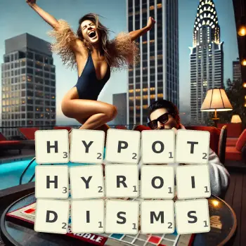 Creative illustration for a Scrabble game with the word HYPOTHYROIDISMS spelled out in tiles on the board.