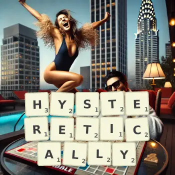 Creative illustration for a Scrabble game with the word HYSTERETICALLY spelled out in tiles on the board.
