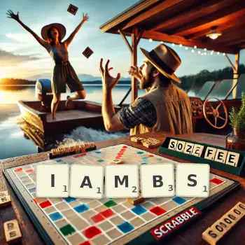Creative illustration for a Scrabble game with the word IAMBS spelled out in tiles on the board.
