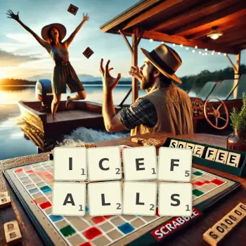 Creative illustration for a Scrabble game with the word ICEFALLS spelled out in tiles on the board.