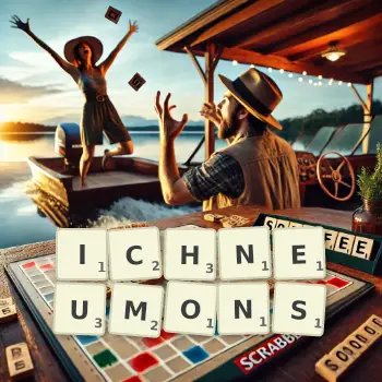 Creative illustration for a Scrabble game with the word ICHNEUMONS spelled out in tiles on the board.