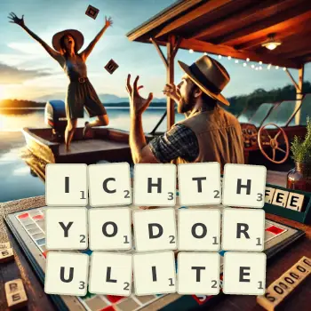 Creative illustration for a Scrabble game with the word ICHTHYODORULITE spelled out in tiles on the board.