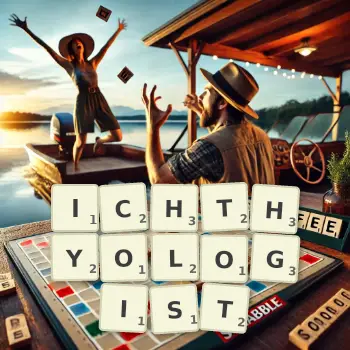 Creative illustration for a Scrabble game with the word ICHTHYOLOGIST spelled out in tiles on the board.