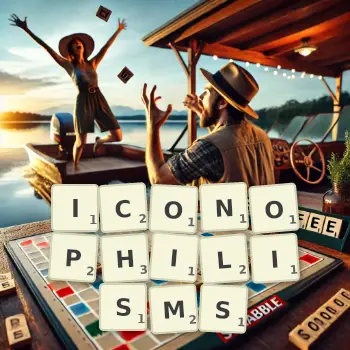 Creative illustration for a Scrabble game with the word ICONOPHILISMS spelled out in tiles on the board.