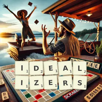 Creative illustration for a Scrabble game with the word IDEALIZERS spelled out in tiles on the board.