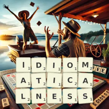 Creative illustration for a Scrabble game with the word IDIOMATICALNESS spelled out in tiles on the board.