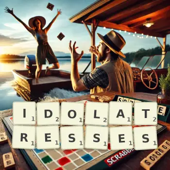 Creative illustration for a Scrabble game with the word IDOLATRESSES spelled out in tiles on the board.