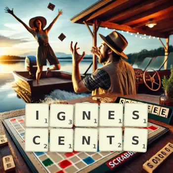 Creative illustration for a Scrabble game with the word IGNESCENTS spelled out in tiles on the board.